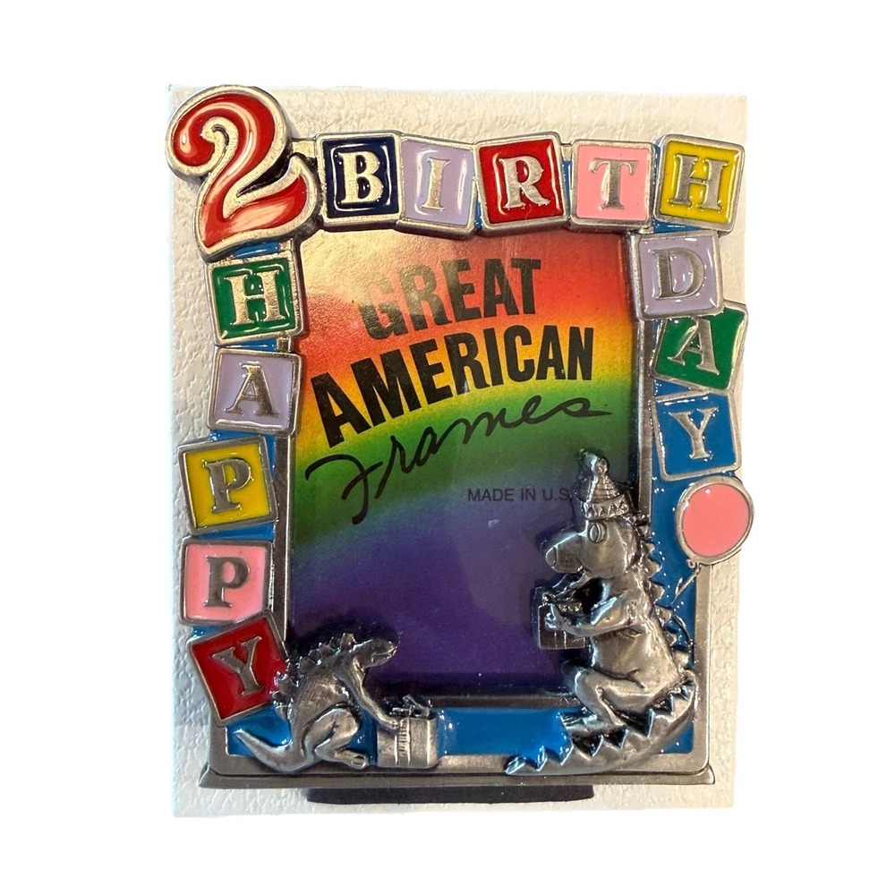 VTG Happy 2nd Birthday Pewter Picture Frame-‎ Great American Products Dinos 1988